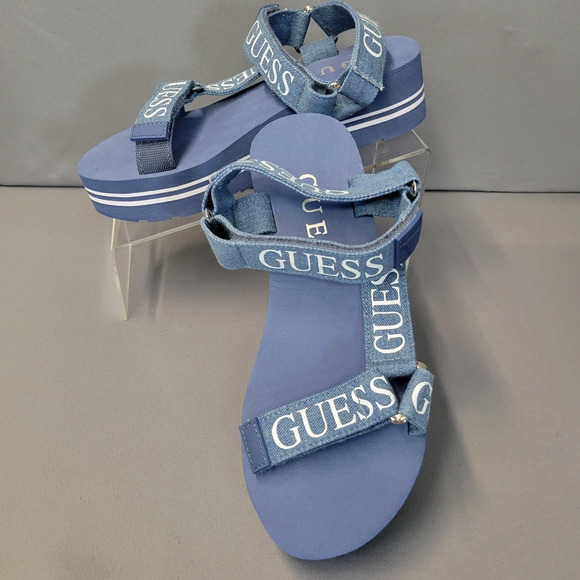 Guess Platform Sandals Womens Size 8M Blue Denim Logo Strap Flatform GWAVIN3 - Picture 1 of 11
